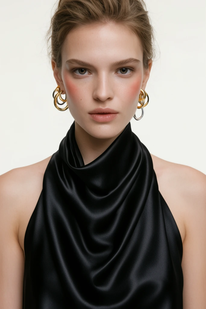 A close-up portrait of a fair-skinned woman wearing a draped black satin halter top and layered gold and silver hoop earrings. Her light brown hair is pulled back, framing a direct gaze and minimal makeup with subtle blush. Soft studio lighting highlights the glossy fabric against a stark off-white background in a minimal high-fashion editorial style.