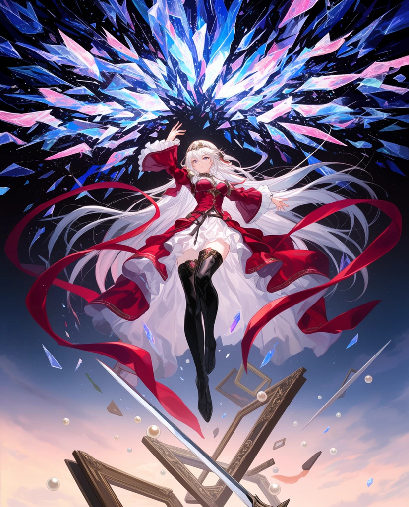 An anime-style female warrior floats dynamically amid a cosmic explosion of crystalline shards. The white-haired girl wears a crimson and white dress with black thigh-high boots, her arms outstretched gracefully as long red ribbons trail around her. Above, a massive radial burst of glowing blue, pink, and white crystal fragments shatters against a dark void. Below, debris drifts in soft dawn lighting, including empty picture frames, a sword blade, and scattered pearls. Rendered as a highly detailed digital illustration with a dynamic low-angle perspective and dramatic lighting contrast.