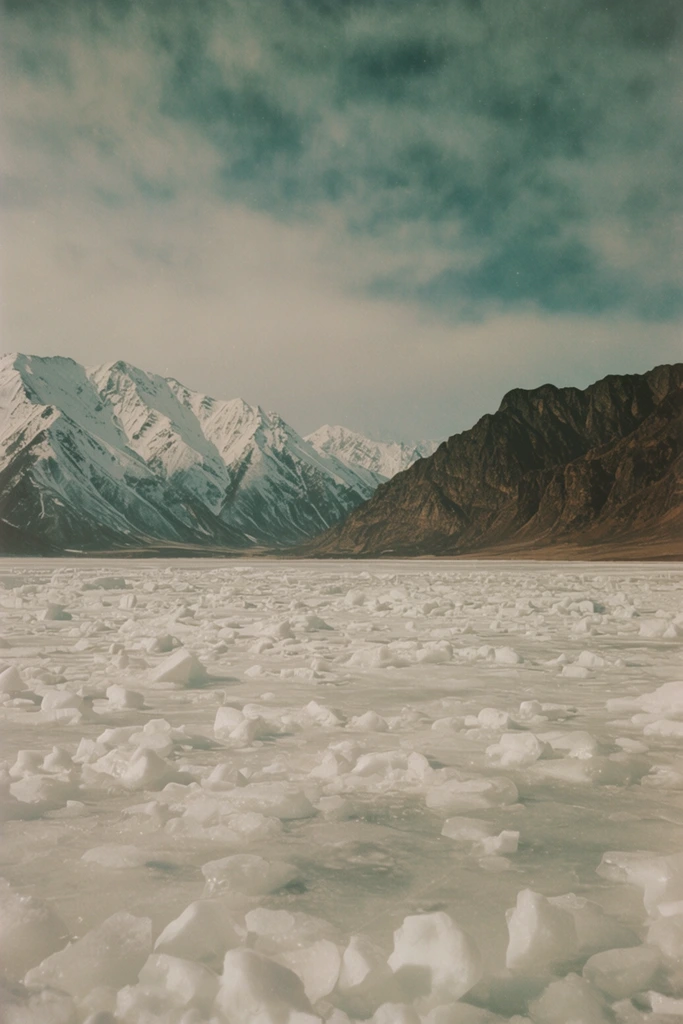 A vast frozen landscape stretches toward a majestic mountain range beneath a moody, overcast sky. The foreground is densely packed with jagged chunks of white ice scattered across a smooth expanse. Towering mountains dominate the distant horizon; the left peaks are heavily blanketed in snow, while the right range consists of dark, rugged brown rock. Textured clouds tinted with muted teal and grey hues fill the sky. The wide-angle composition features a deep depth of field and a vintage aesthetic resembling early color film, characterized by a desaturated palette, subtle film grain, and low-contrast lighting.
