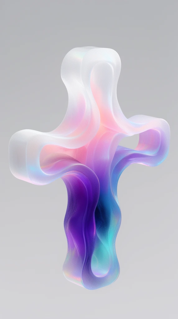 An abstract 3D intersecting cross sculpture with undulating hollowed edges floats against a light grey background. The semi-translucent, mesh-textured material transitions in color from frosty white at the top through iridescent pink to deep vibrant purple and cyan at the base, illuminated by soft diffused lighting.
