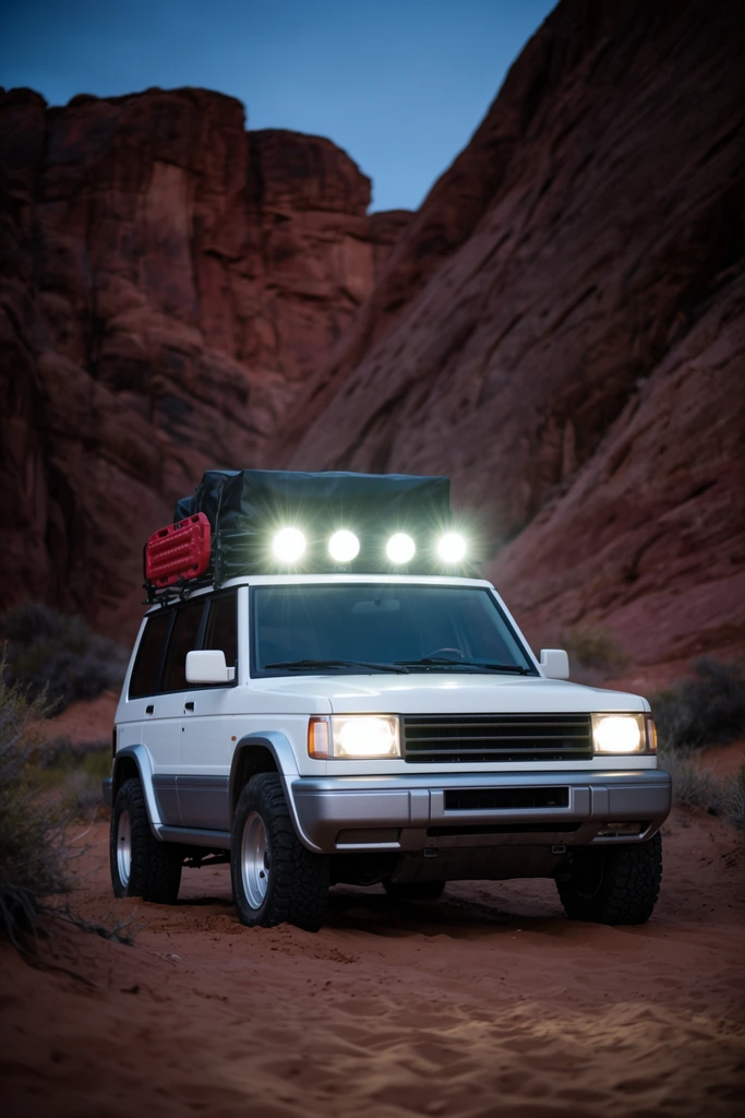 A rugged white 4x4 off-road vehicle sits parked on a sandy desert trail at twilight, flanked by towering red rock canyon walls. The boxy SUV features a two-tone white and silver body, chunky all-terrain tires on silver rims, and brightly illuminated headlights. Four intense circular spotlights glow fiercely from a heavy-duty roof rack loaded with a black folded tent and a red recovery board. The vehicle rests low on soft reddish sand amidst sparse desert scrub. Captured from a low-angle perspective, the automotive landscape photography uses a shallow depth of field to soften the massive, textured sandstone cliffs rising steeply in the background. Dramatic lighting balances the cool twilight of the darkening blue sky with the piercing starburst glare of the artificial vehicle lights, emphasizing the aggressive stance and adventurous setting.