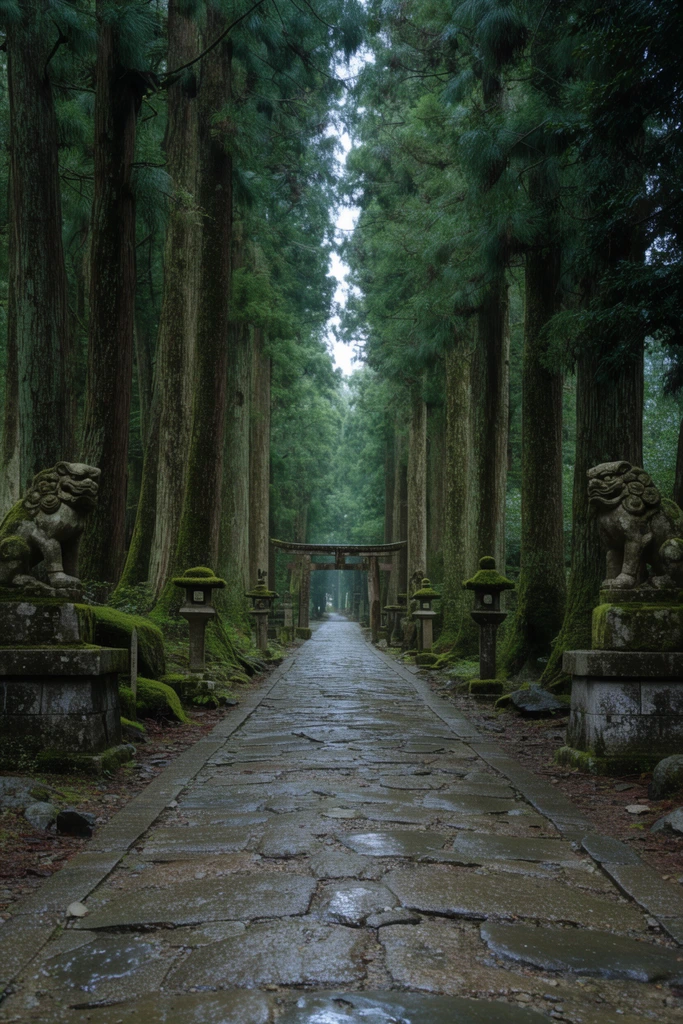 A damp stone path cuts through a dense forest of towering trees, leading to a distant torii gate. Weathered stone guardian statues and mossy lanterns flank the foreground. Diffused natural light and deep green foliage emphasize the symmetrical, receding perspective of the ancient shrine approach.
