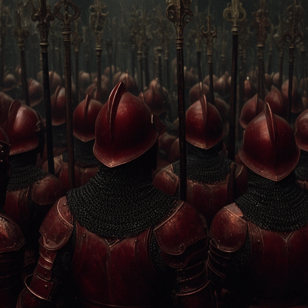 dense army of soldiers viewed from behind, deep red plate armor over black chainmail, swept-back pointed helmets, carrying tall staves with ornate tips, tightly packed formation, dark environment, cinematic dark fantasy, low-key lighting, muted bronze and red tones, heavy shadows, film grain