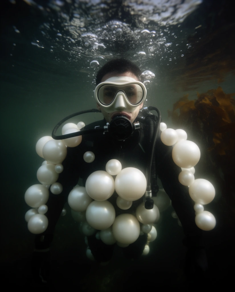 A scuba diver in dark, murky water is surrounded by large, opaque white spheres resembling giant pearls attached to their black wetsuit. The diver faces forward, wearing a white-rimmed diving mask and a black breathing regulator. Smooth, luminous white orbs of varying sizes cluster around their chest and arms. Small air bubbles rise toward the rippling surface just above, catching the dim light. The background fades into deep green-black shadows, featuring a blurry patch of brown kelp on the right. Shot with a wide-angle perspective and dark vignetting, the image presents a moody, surreal underwater atmosphere.