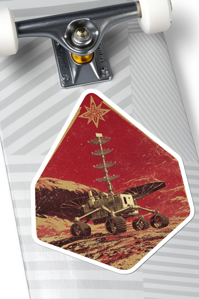 white skateboard deck with subtle light gray diagonal stripes, silver metal truck assembly with a gold kingpin and white wheels at the upper edge, irregular kite-shaped sticker with a white border, distressed vintage retro-futuristic space illustration, deep crimson and faded gold colors, multi-wheeled scientific rover with a tall multi-tiered antenna traversing rough terrain, solid red sky featuring a stylized golden star emblem at the top peak, heavy faux weathering and scratches on the graphic, clean studio lighting, soft drop shadows, top-down angled product photography