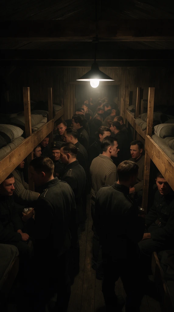 A crowded, dimly lit wooden barracks interior. Men in dark uniforms mingle with others in casual sweaters. A single overhead lamp casts harsh shadows, emphasizing the claustrophobic space and wooden bunks lining the walls.