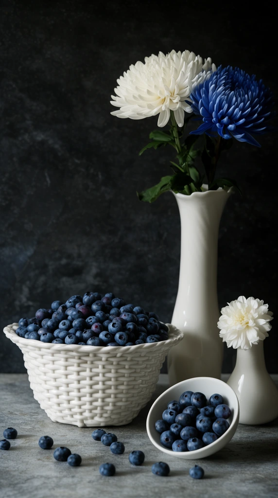 fine art still life, woven white ceramic basket overflowing with fresh blueberries, small tilted bowl of berries, scattered blueberries on a textured gray stone surface, tall white vase holding a large white and a blue chrysanthemum, short white vase with a single white bloom, dark mottled slate background, chiaroscuro lighting, soft directional light