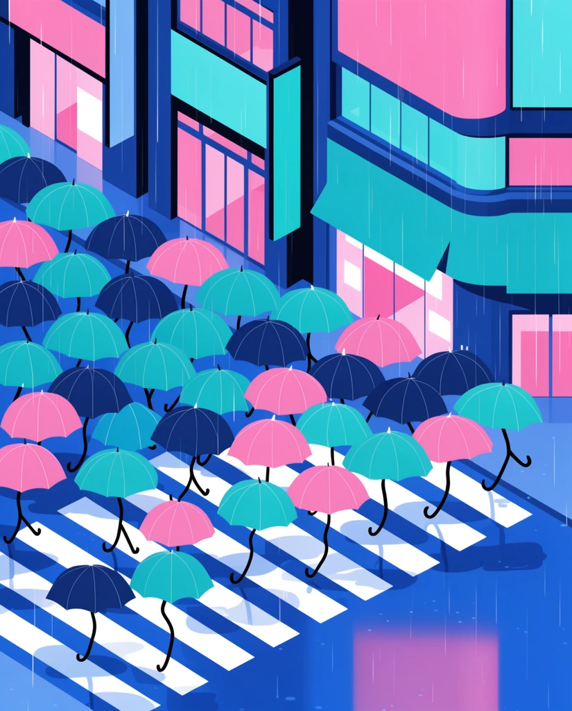 An isometric vector illustration of a rainy night street bustling with self-walking umbrellas. A dense crowd of open umbrellas in teal, pink, and navy blue navigates a glowing crosswalk. The umbrellas have curved black handles acting as legs, stepping across white zebra stripes on wet, reflective blue asphalt. Straight white rain streaks fall uniformly. Background buildings feature brightly lit, geometric storefront signs in vivid pink and teal. The scene employs a crisp graphic style, limited neon-pastel palette, and clean lines, forming a surreal urban atmosphere.