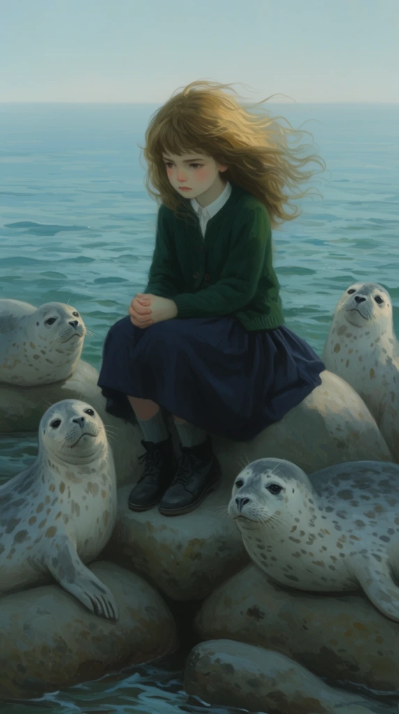 A painted illustration of a young girl with windblown golden-brown hair sitting on ocean rocks, surrounded by four spotted seals. The solemn girl wears a dark green cardigan, a navy skirt, and black boots, resting her clasped hands on her knees. The smooth, grey boulders elevate her above the seals resting nearby. Calm, rippled turquoise water extends to a hazy horizon under a pale blue sky. The composition features soft, diffused lighting and a cool, muted color palette.