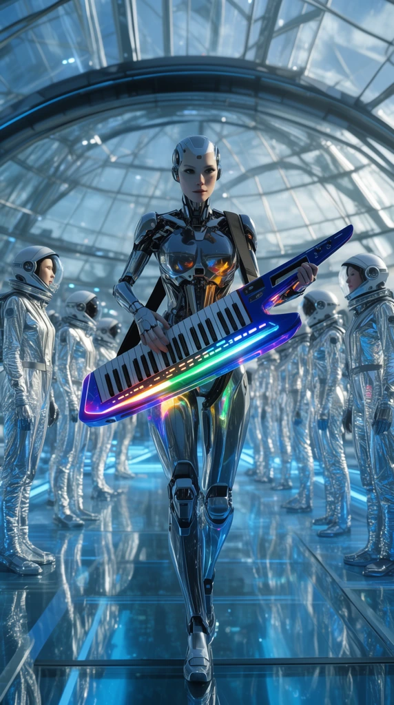 Female cyborg playing a glowing neon keytar, walking forward, line of slim astronauts in reflective silver suits on a raised glass platform behind her, sleek futuristic glass and steel biodome, vibrant blue lighting, crisp cinematic wide shot, glossy sci-fi style