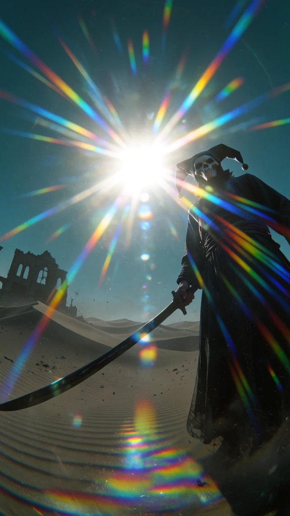 low-angle ultra-wide fisheye perspective, right foreground character in a skull mask and jester hat with robes holding a long curved sword diagonally, searing high-contrast backlighting from a massive solar starburst, extreme prismatic chromatic aberration, intense iridescent lens flares, deep teal and charcoal shadows, ruined building with arched windows atop smooth dunes in the left background, gritty atmospheric dust, sand ripples in the immediate foreground catching prismatic highlights.