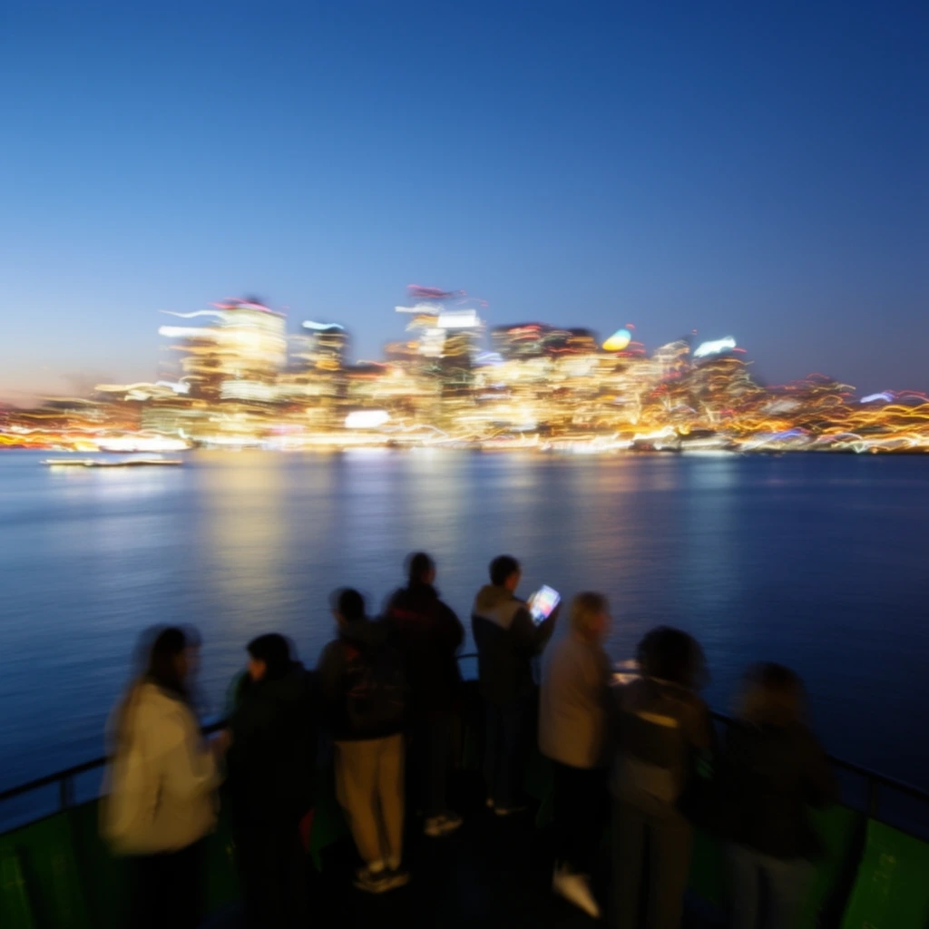 A group of dimly lit passengers stands on the dark bow of a vessel, observing a brightly illuminated skyline across a wide expanse of water at twilight. The foreground figures huddle near a dark green railing, with one holding up a glowing screen. A deliberate slow shutter speed and horizontal camera shake transform the distant cityscape into vibrant, streaking trails of yellow, white, and orange light. These smeared lights cast blurred reflections across the smooth, deep blue water. The sky forms a seamless gradient from a pale dusk hue at the horizon to a solid navy blue above, contrasting sharply with the energetic, vibrating aesthetic of the blurred urban background.