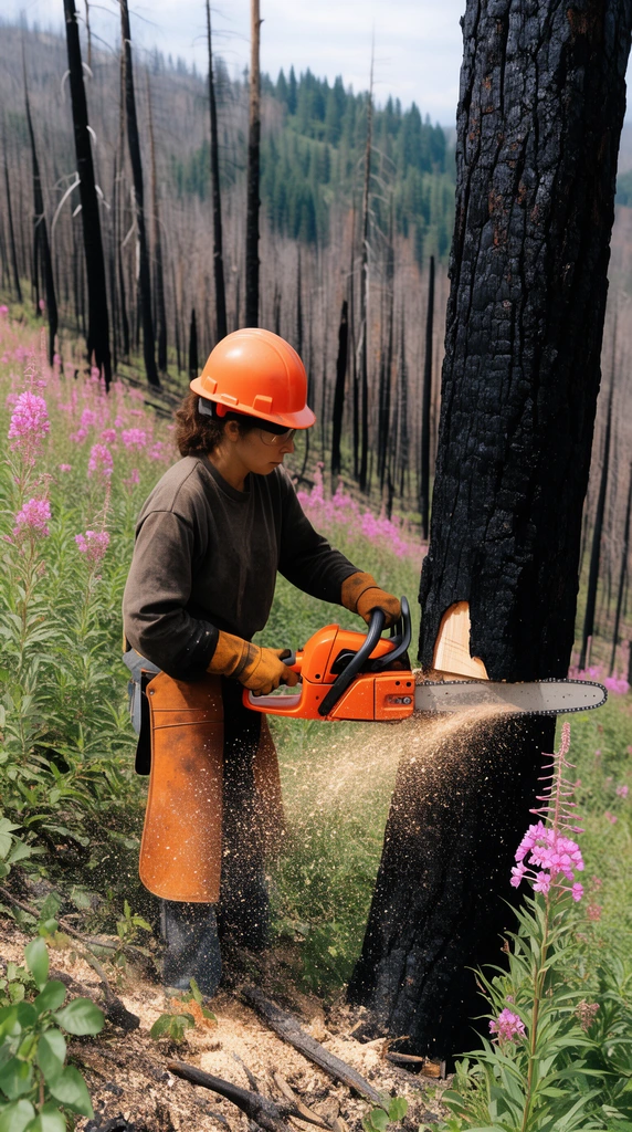 A worker in an orange hard hat and protective chaps uses an orange chainsaw to cut a thick blackened tree trunk, sending sawdust into the air. They stand on a steep hillside dotted with green undergrowth and tall pink wildflowers. The background reveals a vast valley filled with standing charred trees and distant green pines under natural daylight.