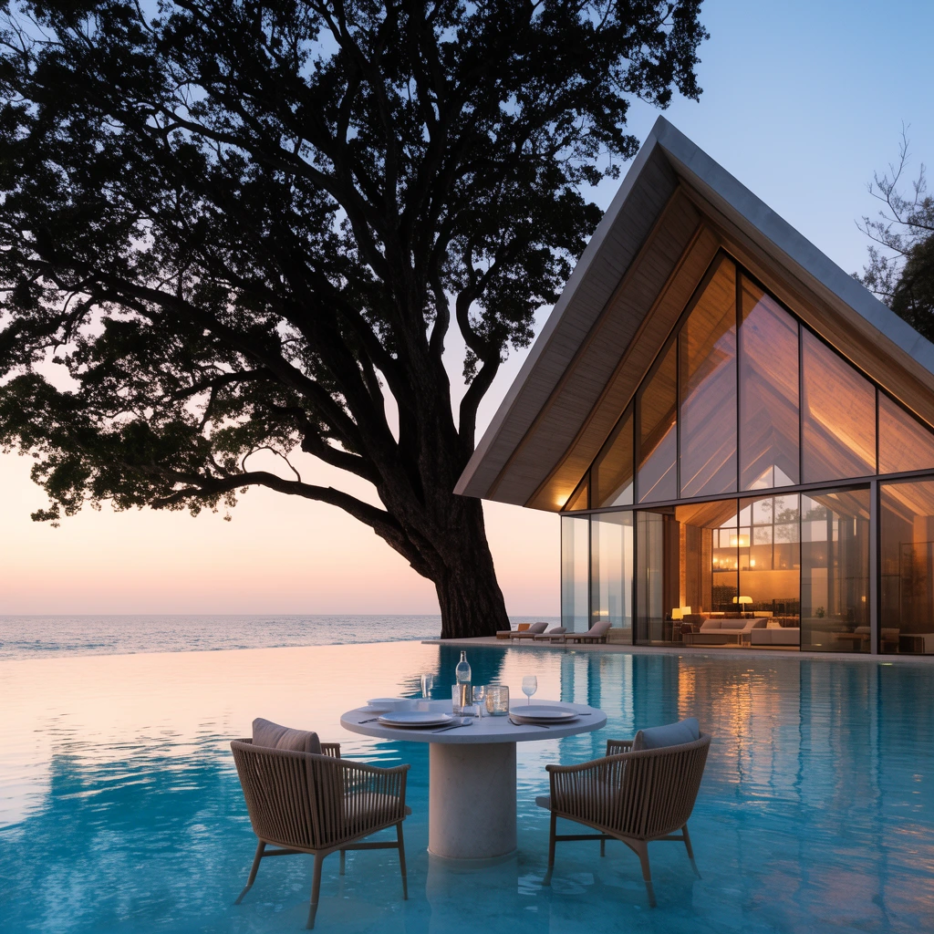 A modern glass-walled beachfront pavilion with a steep pitched roof stands beside a massive dark tree at twilight. An infinity pool dominates the foreground, featuring a set dining table and two woven chairs placed directly in the shallow water. The calm pool reflects the warm interior illumination and the soft peach and pale blue gradient of the evening sky over the ocean horizon.