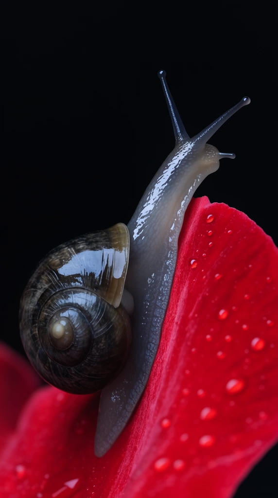 A glossy grey snail with a dark spiraled shell scales a vibrant red petal against a pitch-black background. This dramatic macro photograph uses sharp focus to highlight the creature's translucent wet texture, upward-reaching tentacles, and the velvety petal's tiny water droplets.