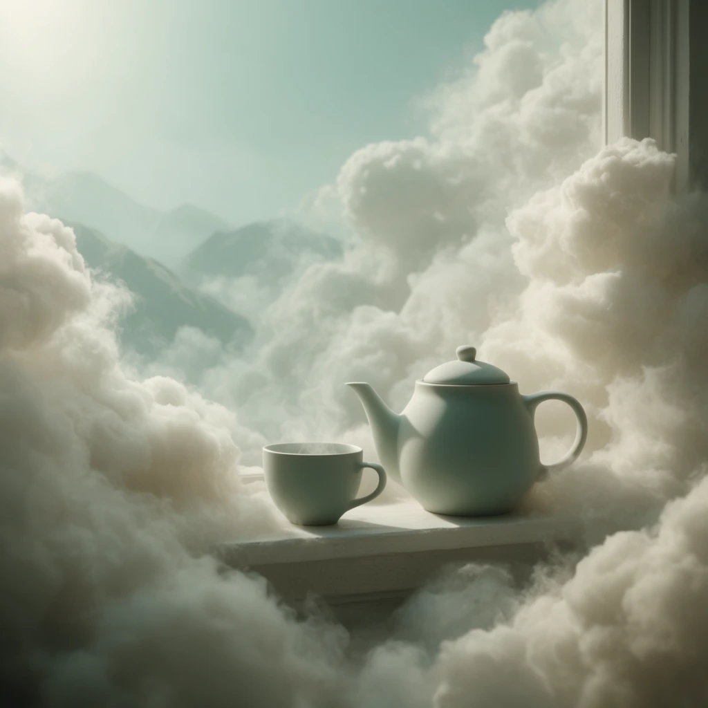 A teapot and a steaming cup rest on a windowsill facing distant mountains, deeply enveloped by dense, billowing, highly textured creamy white clouds. The surreal, dreamlike scene features voluminous, fluffy cloud formations creeping directly over the sill, softly framing and cradling the tea set in a thick, ethereal embrace. Soft, volumetric light shines from the upper left, casting gentle, diffused shadows across the smooth, matte surfaces of the teapot and cup. The color palette is strictly muted, dominated by pastel mint greens, pale teals, and rich monochromatic off-whites. The background mountains emerge faintly through the thick atmospheric fog and heavy cloud clusters, blending into a smooth pale teal sky. The cinematic, photorealistic rendering captures the hyper-detailed, cotton-like volume of the clouds contrasting with the solid, structural edge of the windowsill, creating a serene, highly atmospheric aesthetic.