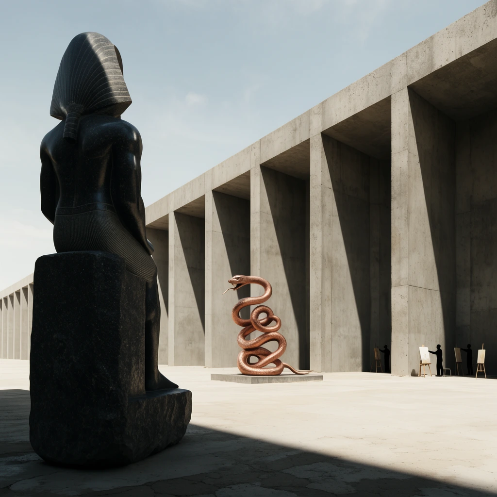 colossal obsidian pharaoh statue viewed from behind, midground copper serpent sculpture, long repetitive brutalist concrete arcade, wide sun-bleached plaza, stark diagonal architectural shadows, small silhouettes of painters at easels in deep shade, high contrast cinematic daylight, deep depth of field