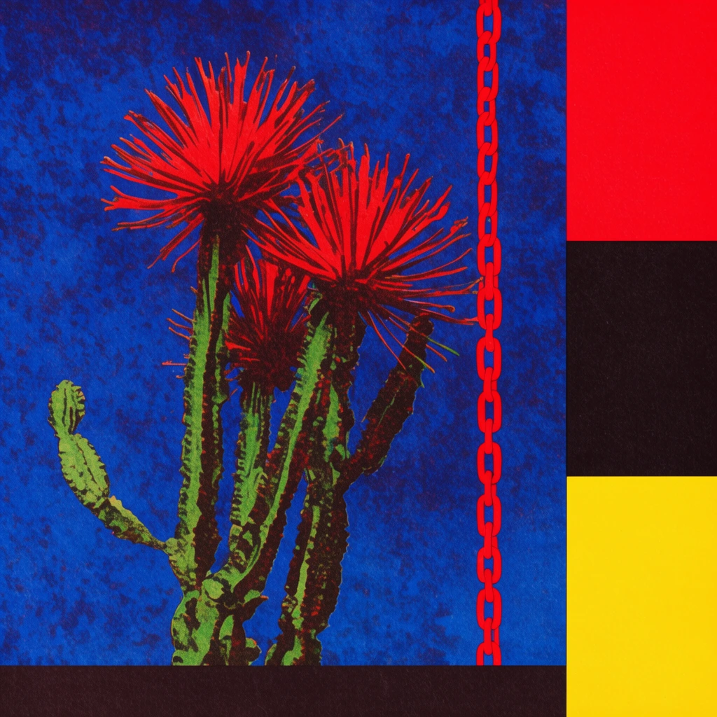 A vintage risograph-style graphic composition featuring a stylized desert plant with red spiky blooms and textured green stems against a mottled deep blue background. A vertical red chain hangs beside the plant. The main image is framed by bold geometric color blocking, including a vertical right-hand column of solid red, black, and yellow rectangles, and a horizontal dark band at the bottom. The artwork features high contrast, grainy textures, and intense primary colors.