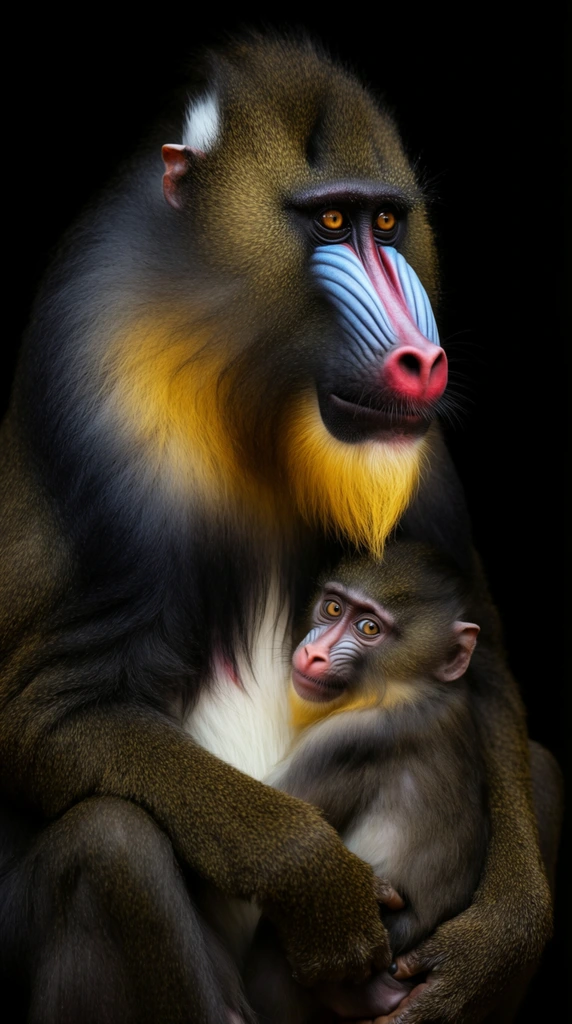 A dramatic wildlife portrait of an adult mandrill holding its baby against a pure black background. The adult features a vivid face with distinctive blue and pink ridges, amber eyes looking right, and a bright golden-yellow beard contrasting with dark olive-brown fur. Nestled securely against its chest is a small baby mandrill with pale fur and a faintly pink face, gazing toward the viewer. Chiaroscuro studio lighting isolates the subjects in the pitch-dark void, highlighting the intricate textures of their fur and vibrant facial colors. Shot with sharp focus and high contrast, the intimate composition captures a tender, protective embrace.