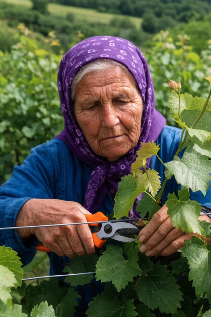 An elderly woman with a weathered face prunes grapevines in a lush vineyard. She wears a purple patterned headscarf and a blue garment. Her hands grip orange-handled shears to cut foliage along horizontal trellis wires. Natural daylight illuminates green leaves and her textured skin in this medium close-up documentary portrait with sharp foreground focus and shallow depth of field.