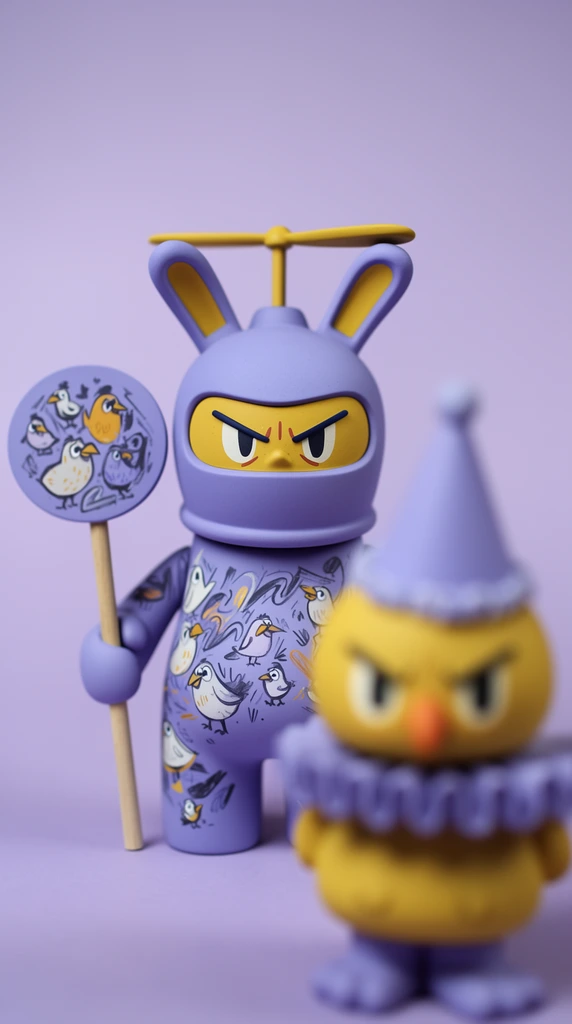 A matte vinyl designer toy of a fierce character in a purple balaclava-style helmet with yellow rabbit ears and a top propeller stands behind a blurred yellow bird-like figure. The sharp-focused purple figure features angular mustard-yellow eyes, holds a round sign on a wooden stick, and is covered in sketchy illustrations of cartoon birds and abstract shapes. The heavily out-of-focus foreground character wears a purple conical party hat and ruffled collar. Photographed against a seamless lilac backdrop, the macro shot utilizes a shallow depth of field and soft diffused studio lighting, emphasizing the smooth textures and the complementary pastel purple and mustard yellow color palette.