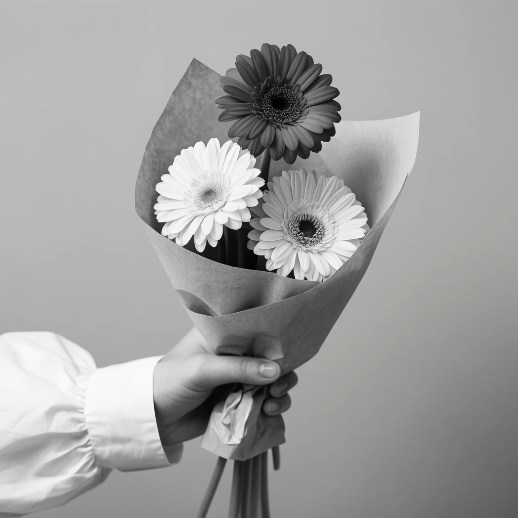hand holding paper-wrapped bouquet of three gerbera daisies, visible white sleeve, minimalist black and white photography, soft lighting, solid background
