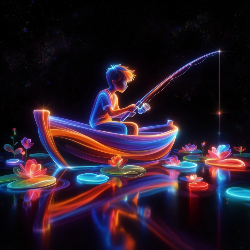 A boy fishing from a boat surrounded by lily pads and flowers, rendered entirely from sweeping, luminescent ribbons of vibrant neon light against a pitch-black cosmic void. The boy, the small boat, and the arched fishing rod are constructed from smooth, flowing streams of electric blue, fiery orange, and deep purple light curving elegantly through the darkness. Scattered around the hull, glowing lily pads and blossoming flowers take the form of swirling loops and bright pools of cyan and warm red luminous energy. The scene rests upon an ultra-glossy, mirror-like dark surface that perfectly reflects the radiant neon colors and intricate light bands above, creating deep, vibrant streaks of mirrored illumination. The stark black background is dusted with faint, multi-colored starry specks and subtle, four-point lens flares glinting along the brightest intersections of the energy trails. The artwork features smooth, silky gradients, ultra-high-fidelity 3D CGI rendering, and a sleek, futuristic aesthetic defined by intense contrast between the radiant, multi-hued light streams and the surrounding deep space environment.