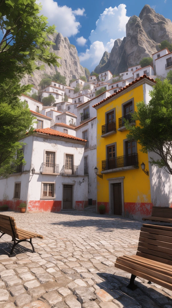 sunlit cobblestone plaza in a terraced town, multi-story whitewashed buildings with terracotta roofs, striking yellow facade, faded red wall trim, wooden slatted benches in foreground, leafy trees framing the composition, steep rocky mountain peaks, stacked hillside houses, bright blue sky with clouds, vibrant 3D environment render
