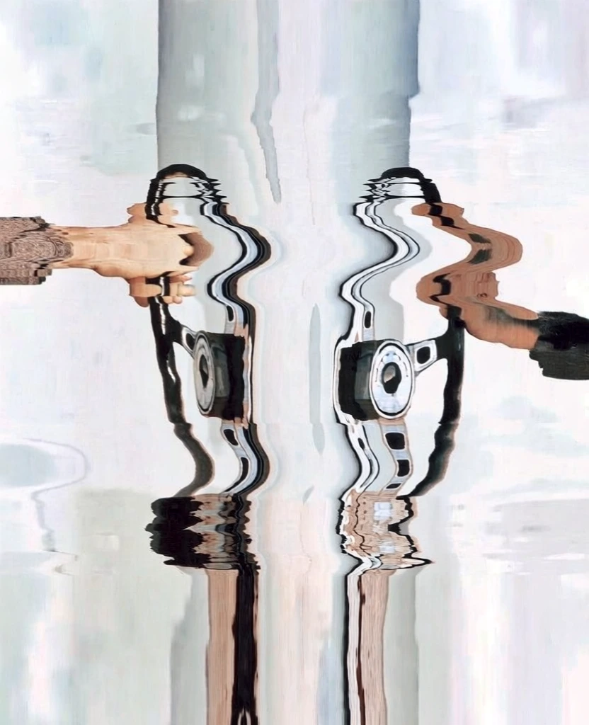 surreal warped composition of a hand on a steering wheel and a radio dial, captured through a liquid chrome reflection, extreme vertical stretching and fluid ripples, mirrored along a central axis, high-key lighting, desaturated color palette with muted metallic highlights, smooth vertical glitch aesthetics, abstract car interior, minimalist white background with subtle watery textures, ethereal atmosphere, distorted vertical motion blur.