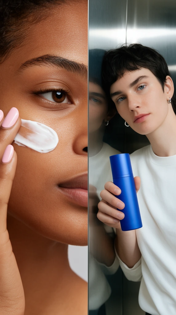 side-by-side split image, left side shows a close-up of a person with medium-brown skin applying white cream to their cheek, hand with light pink nail polish, right side shows a person with fair skin and dark hair holding a blue cylindrical bottle, leaning against a metallic surface with their reflection, person wears a white top and small silver hoop earrings