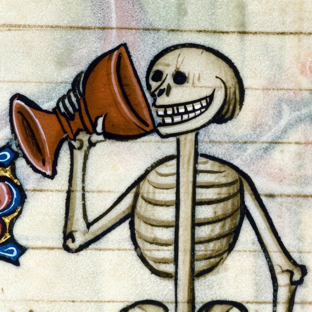 A medieval ink and wash illustration of a grinning skeleton lifting a large terracotta-colored chalice to its teeth. Drawn with bold black outlines on aged parchment, the stylized figure has a straight pole-like spine, stick-like arm bones, and an exaggerated wide-toothed smile. Faded horizontal ruling lines stretch across the textured antique background, accompanied by a small blue and red decorative illuminated motif on the left edge.