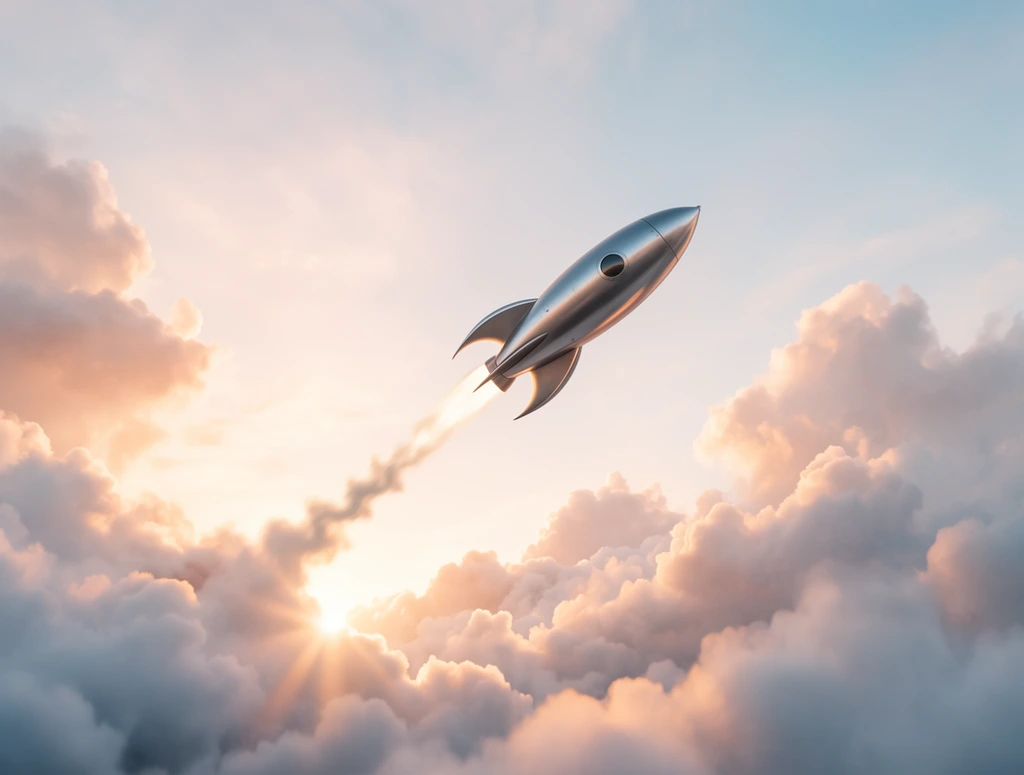 A sleek, silver retro-futuristic rocket ship ascends diagonally through a pastel sky, leaving a wavy exhaust trail above dense clouds. The torpedo-shaped metallic vessel features three curved tail fins and a small circular window. It emerges from a thick, billowing sea of fluffy cumulus clouds dominating the lower frame. A sunburst emerges from behind the bottom-left cloud bank, casting a warm golden-peach glow across the cloud edges that contrasts with the ethereal pale blue upper atmosphere. The photorealistic rendering uses dynamic framing and soft volumetric lighting to emphasize upward momentum and atmospheric depth.
