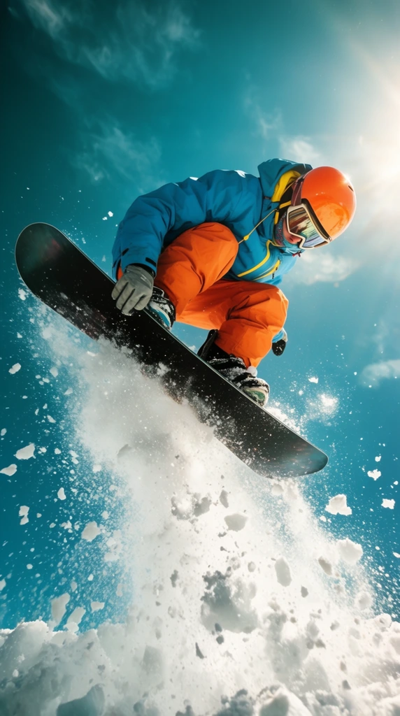 A snowboarder performs a high-flying aerial trick against a vivid blue sky, trailing a dramatic plume of explosive snow. The crouched athlete grips the edge of a black snowboard with a grey-gloved hand. They wear a glossy orange helmet, reflective goggles, a bright blue jacket with yellow accents, and orange snow pants. A dynamic low-angle perspective captures the action frozen in time. Intense sunlight streams from the upper right, illuminating the soaring figure and a chaotic burst of pulverized snow and ice chunks erupting below. The highly saturated teal sky features sparse wispy clouds, enhancing the energetic sports photography aesthetic with striking teal and orange color contrast.