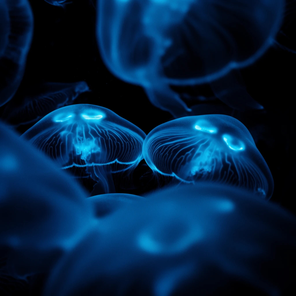 A cluster of bioluminescent jellyfish float against a pitch-black void, rendered in a striking monochromatic palette of deep indigo and neon cyan. Two sharply focused, bell-shaped bodies occupy the center, revealing delicate radial striations and intensely glowing inner cores. Massive, heavily blurred translucent forms dominate the extreme foreground, creating a tight frame and a remarkably shallow depth of field. Dramatic lighting catches the ethereal textures and curved edges of the central marine subjects, amplifying the contrast between their luminous bodies and the dark abyss.