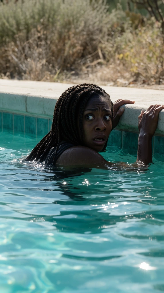 Black woman with long braided hair submerged shoulder-deep in a swimming pool, gripping the light concrete edge, looking back over her shoulder with a wide-eyed fearful expression, rippling turquoise water reflecting bright sunlight, teal tiles on the inner wall, dry scrubby vegetation in the background, low camera angle just above the water surface, natural daylight, cinematic framing, dramatic tension