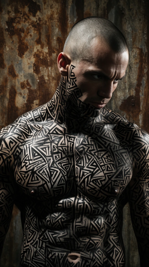 A muscular man with a shaved head glares downward, his bare torso and neck entirely covered in dense, abstract black geometric body paint. Dramatic, high-contrast lighting casts deep shadows across his physique against a rough, heavily textured rusted metal wall.