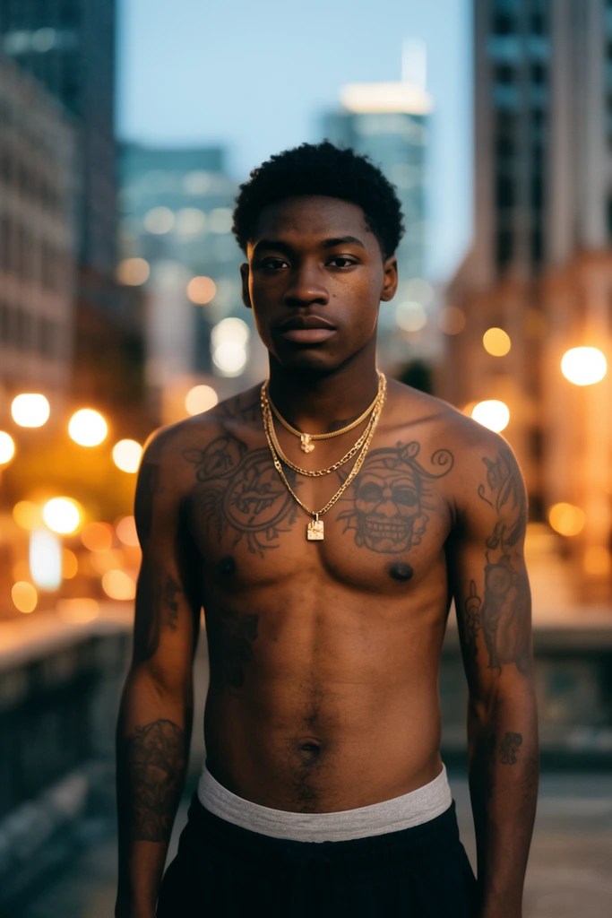 shirtless young Black man with chest tattoos and layered gold chains, dark shorts with exposed gray waistband, blurred twilight cityscape, warm bokeh streetlights, shallow depth of field portrait