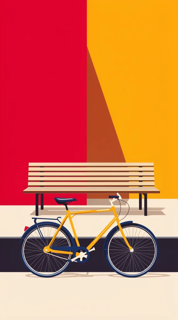 yellow and dark blue bicycle parked in the foreground, slatted wooden bench on a raised step behind it, minimalist flat vector illustration, bold geometric background with large intersecting blocks of crimson red and mustard yellow, cream-colored ground, dark charcoal platform edge, clean hard-edged color blocking, crisp thin cast shadows under objects, graphic design aesthetic, flat planar perspective, vibrant contrast