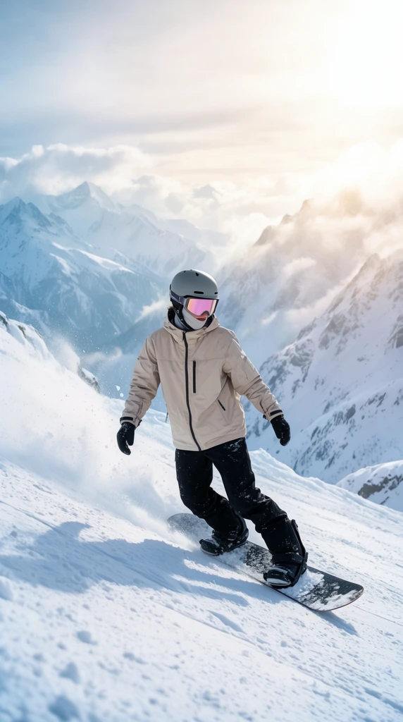 A snowboarder descends a steep mountain slope in a dynamic stance, kicking up a trail of snow. The rider wears a beige winter jacket, black snow pants, a grey helmet, and reflective pink-tinted goggles. They balance on a dark snowboard. The vast high-alpine background features jagged snow-capped peaks and valleys veiled in clouds. Lit by bright, hazy sunlight glowing from the upper right, the scene features a cool palette of icy whites, soft blues, and dark contrasts. Captured from a wide, slightly low angle.