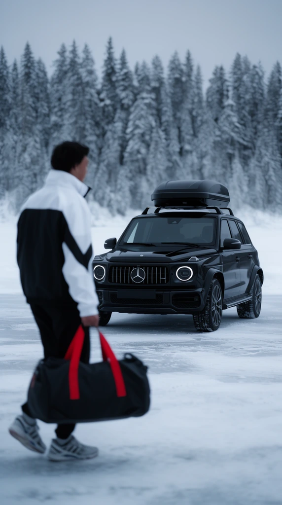 A person in a black and white jacket carrying a black duffel bag with red straps walks across a snowy foreground. Behind them, a sharply focused black luxury SUV with a roof box sits on a frozen plain. A dense, snow-laden evergreen forest stands against an overcast gray sky. The automotive lifestyle shot features a cool color palette and shallow depth of field.