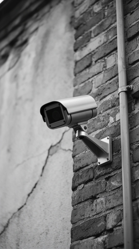 A metallic security camera is mounted on the weathered corner of a brick building. The cylindrical housing features a dark rectangular front and attaches to the rough masonry via an angular bracket. Beside it to the right, a vertical pipe is fastened to the brickwork with a metal strap. The left background is a cracked stucco wall that softly blurs out of focus. The grayscale photograph uses a low-angle perspective and shallow depth of field to contrast the sleek utilitarian device against the textured, aged architecture under flat, diffused lighting.