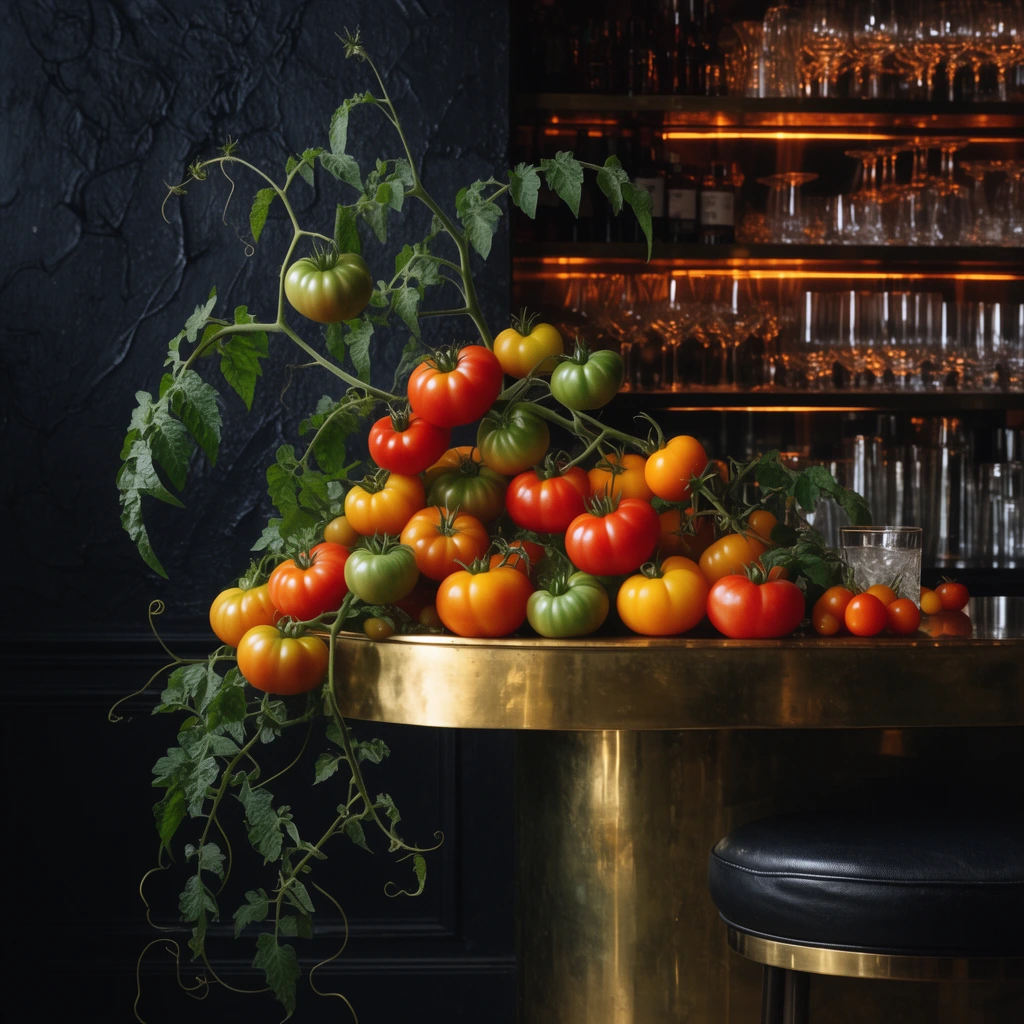 sprawling wild tomato vine overflowing a brass bar counter, vibrant red orange yellow green heirloom tomatoes, cascading leaves and curly tendrils, dark upscale bar interior, warmly backlit shelves with glassware, textured black wall, black leather stool, moody dramatic lighting, rich colors