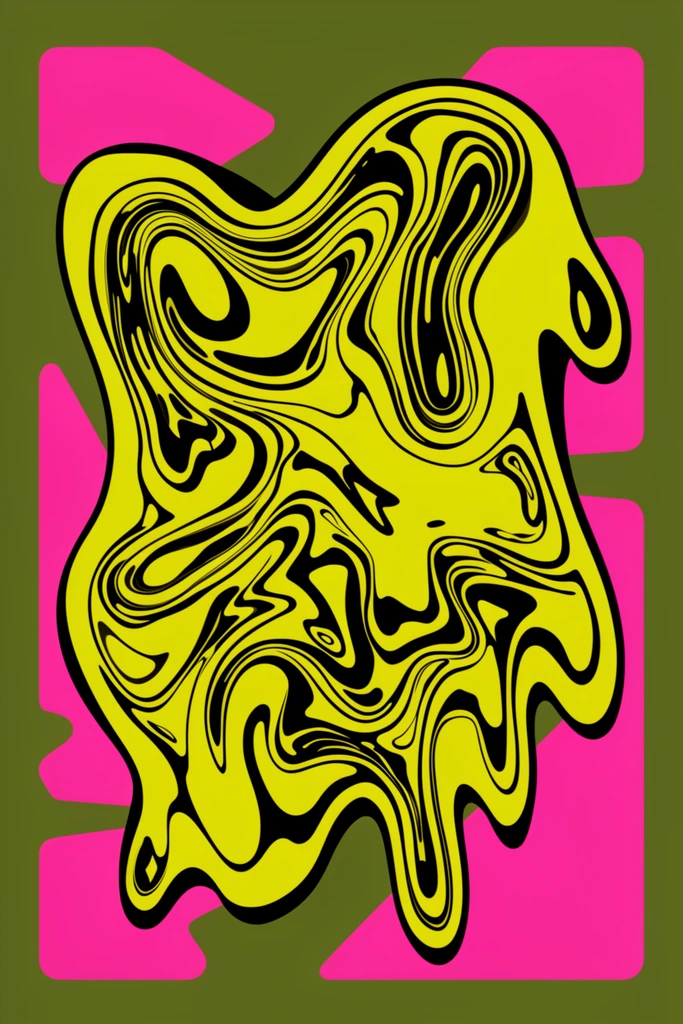abstract graphic design, central flowing acid yellow organic shape, thick black contour lines, intricate swirling psychedelic liquid patterns, melting wax appearance, layered with bright hot pink abstract geometric cutouts, flat olive green background, bold color blocking, flat vector art style, high contrast pop art aesthetic, clean solid colors, flat composition