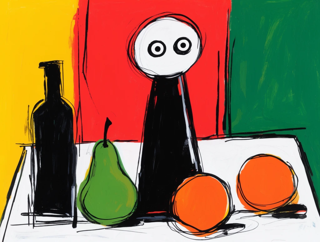 An abstract still life sits on a white table against a bold color-blocked background of yellow, red, and green. It features a black bottle, a green pear, orange spheres, and a central tall black figure with a white, wide-eyed circular head. Energetic black linework and flat, vibrant hues define this expressive cubist-style illustration.