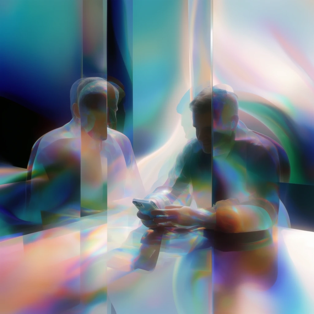 Two men sitting at a table with a phone, depicted in a semi-translucent, holographic 3D digital rendering style. The figures and objects are fragmented by sharp, vertical glass-like refractions and smooth, liquid-like chromatic distortions. A vibrant, pearlescent color palette saturates the composition, featuring luminous gradients of cyan, teal, magenta, emerald green, and soft peach. The silhouettes of the men, the surface of the table, and the phone exhibit multi-layered ghosting, heavy chromatic aberration, and optical dispersion, causing their physical forms to dissolve into the surrounding environment. Glowing, diffuse lighting creates overexposed, luminescent white highlights that transition sharply into deep indigo and navy shadows. Fluid, flowing waves of iridescent light intersect with rigid, geometric prismatic panels, blending the subjects and the background into a unified visual field of intense, refractive color.