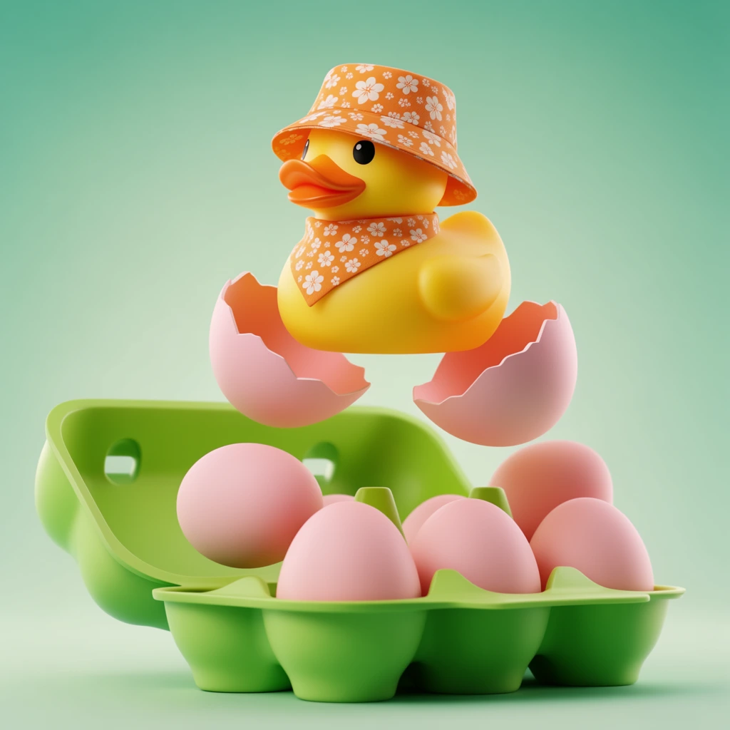yellow rubber duck emerging from two floating halves of a pink egg, wearing an orange bucket hat with white floral pattern and matching patterned orange bandana, hovering above an open bright green egg carton, whole pink eggs resting inside and floating alongside, smooth gradient mint green background, anti-gravity composition, 3D render, smooth matte textures, soft diffused lighting, vibrant pastel color palette, whimsical surrealism