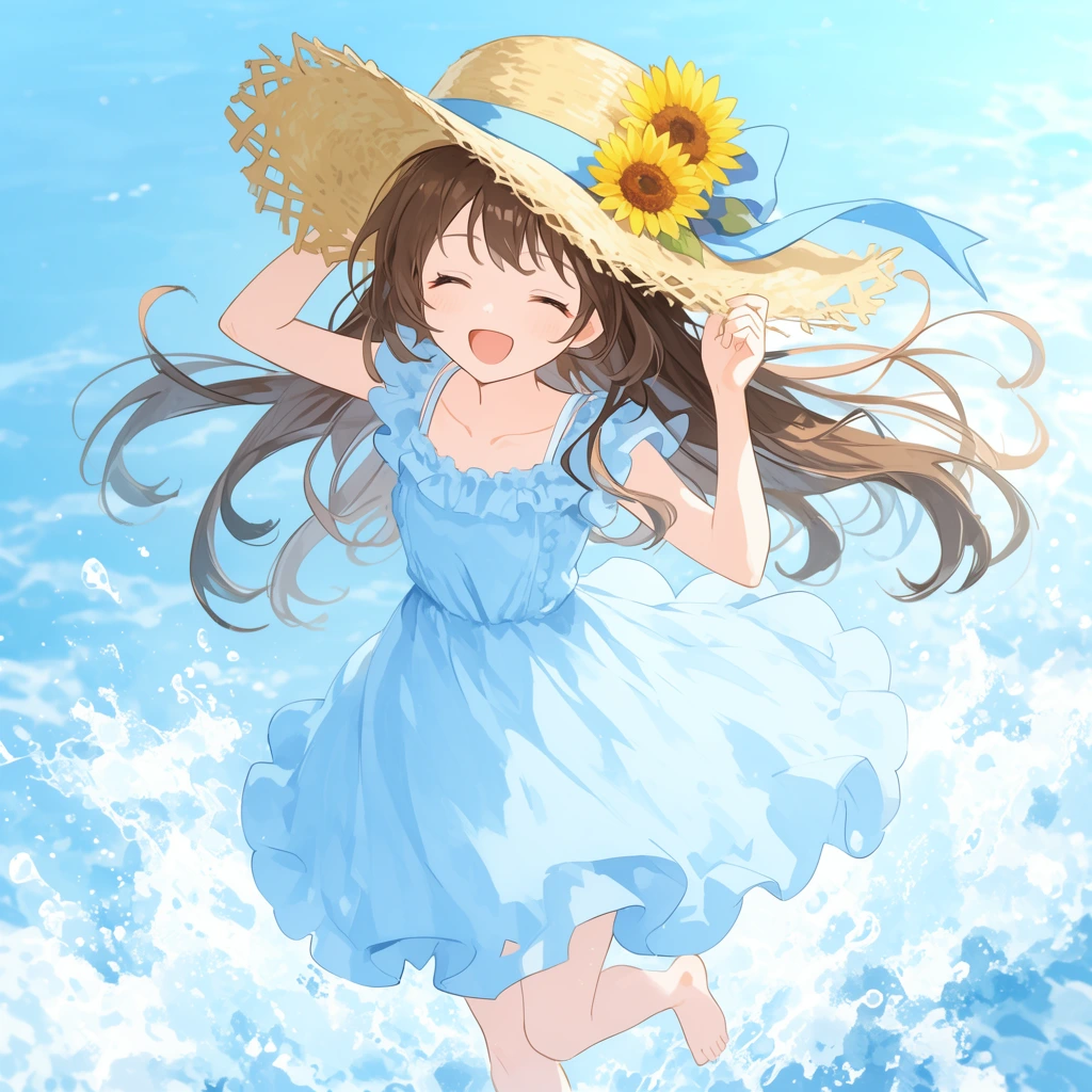 A joyful anime girl stands barefoot in bright blue water with splashing white seafoam. She wears a light blue ruffled dress and a straw hat trimmed with a blue ribbon and two sunflowers. Her long brown hair blows dynamically as she beams with closed eyes. The sunlit illustration features a vibrant pastel palette.
