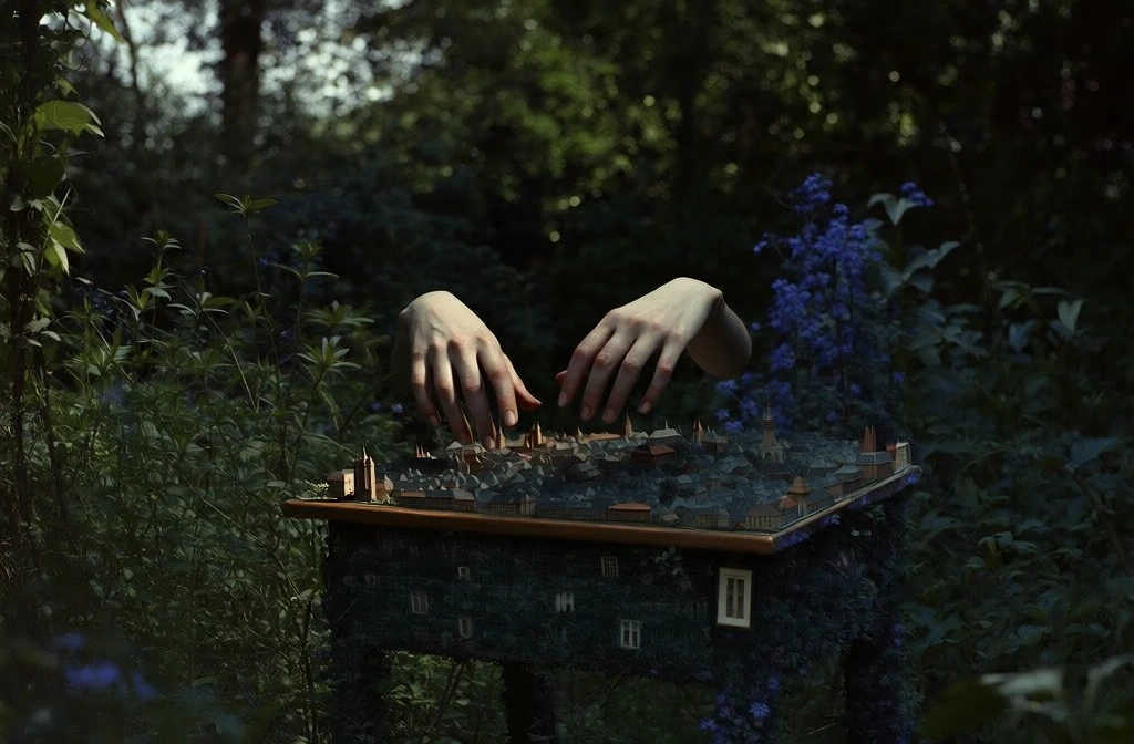 surrealist vertical composition, two pale hands hovering over a desk composed of dense miniature cityscapes, set in a lush dark overgrown garden, moody dappled natural light filtering through foliage, deep forest greens and muted indigo tones, vintage and uncanny aesthetic, high texture with botanical details and tiny architecture, soft focus background of dense trees, whimsical yet haunting atmosphere, pale skin tones against rich shadows, cinematic lighting, filmic grain.