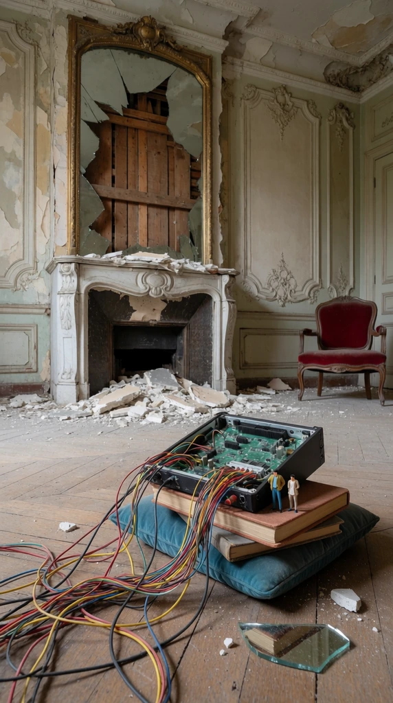 An open electronic device spilling vibrant wires rests on stacked books and a teal cushion inside a decaying neoclassical room. Two miniature figurines stand beside the circuitry, with a shattered mirror shard on the dusty wooden floor. Behind them, plaster debris litters a ruined white fireplace topped by a broken gold-framed mirror exposing wooden backing planks. Faded ornate wall moldings and a solitary red velvet armchair fill the background. The photograph is captured from a low angle with soft natural light emphasizing the textures of the chaotic cables and the peeling paint of the grand interior.