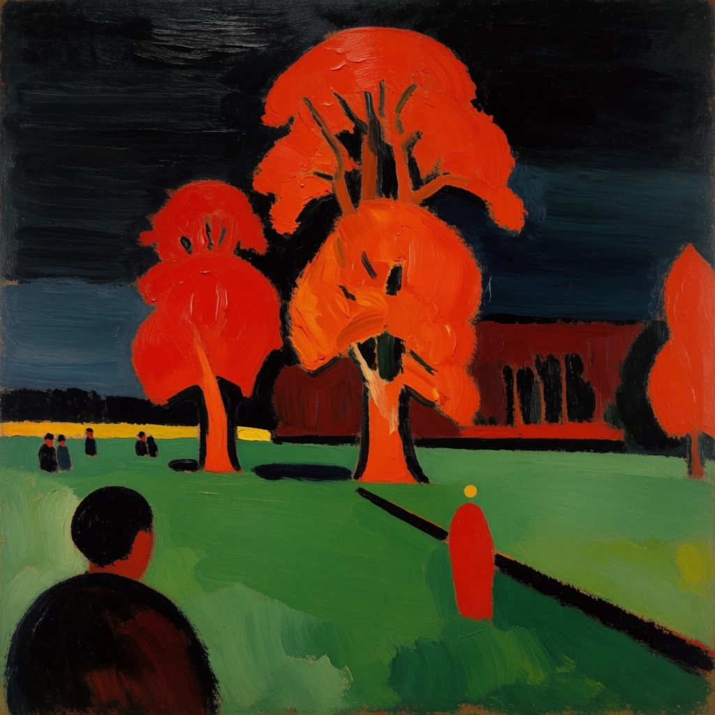 An expressionist landscape painting captures a group of vibrant orange-red trees set against a dark, near-black sky and a broad green field. In the center, a tall, stylized tree with a thick trunk and lush, rounded foliage dominates the composition, while a slightly smaller red tree stands to its left. A dark, rounded silhouette of a figure seen from behind occupies the lower-left corner, showing only the head and shoulders in deep shadows. Across the bright green meadow, a small, abstract red figure with a tiny yellow circle for a head stands next to a dark, diagonal line that serves as a fence or path edge. Farther back on the left side of the field, several small dark figures are scattered in the distance. Behind the red trees, a dark, reddish-brown horizontal mass suggests a distant forest or building. The sky is rendered with thick, visible horizontal brushstrokes in shades of black and dark navy blue. The entire scene is characterized by flat planes of bold color, high contrast, and a heavy impasto technique that emphasizes texture over fine detail. The lighting appears internal to the colors themselves, with the fiery reds of the trees glowing against the somber background.